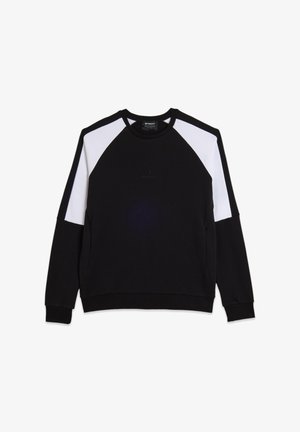 Sudadera negra con mangas raglán blancas, cuello redondo y un pequeño logo en relieve en el pecho. Fabricada con una tela suave y duradera.