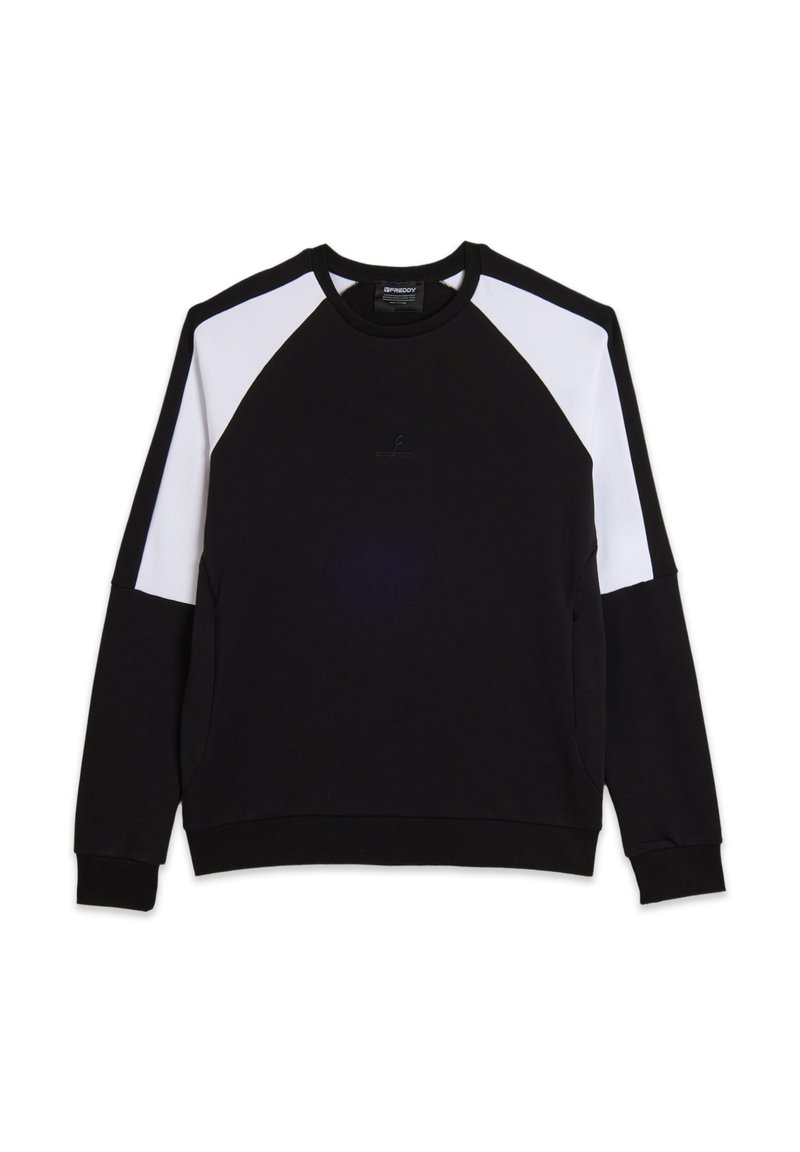 Felpa nera con maniche raglan bianche, scollo rotondo e un piccolo logo in rilievo sul petto. Realizzata in un tessuto morbido e resistente.