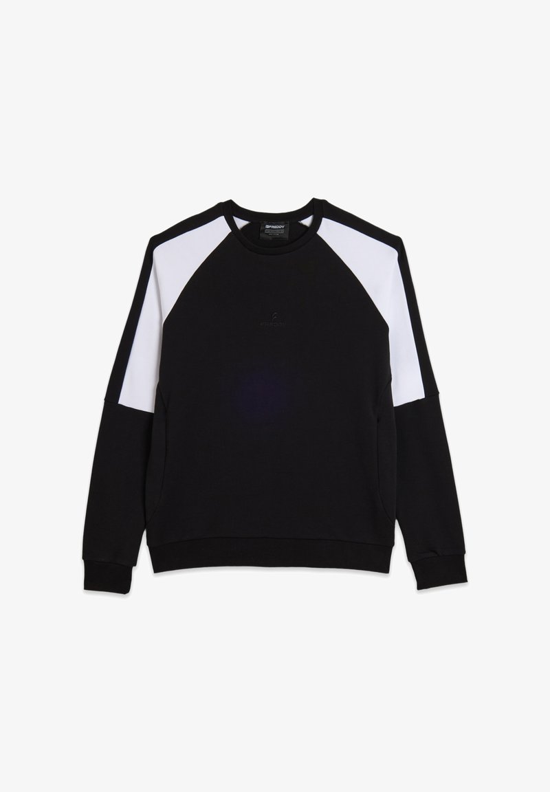 Sudadera negra con mangas raglán blancas, cuello redondo y un pequeño logo en relieve en el pecho. Fabricada con una tela suave y duradera.