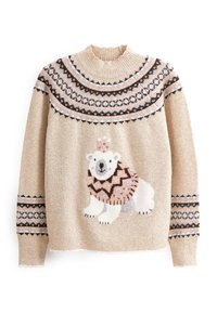 Pull beige à col montant, avec un design de ours polaire texturé et des motifs géométriques en rose et marron.