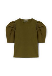 Camiseta verde oliva con mangas abullonadas y detalle de lentejuelas negras en el hombro, confeccionada en un tejido suave y ligero. Cuello redondo clásico.