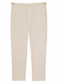 Pantalons beige clair en tissu lisse, dotés de deux poches latérales, d'un devant plat et d'accents en bouton doré à la taille.
