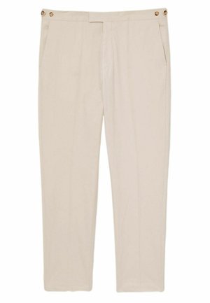 Light beige trousers with a smooth fabric, featuring two side pockets, a flat front, and gold-tone button accents at the waistband.