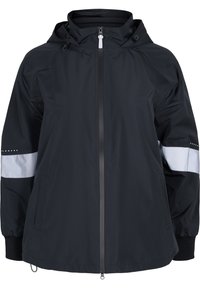 Black waterproof jacket with a hood, front zipper, reflective white stripe on sleeves, and elastic cuffs. Smooth texture and loose fit.