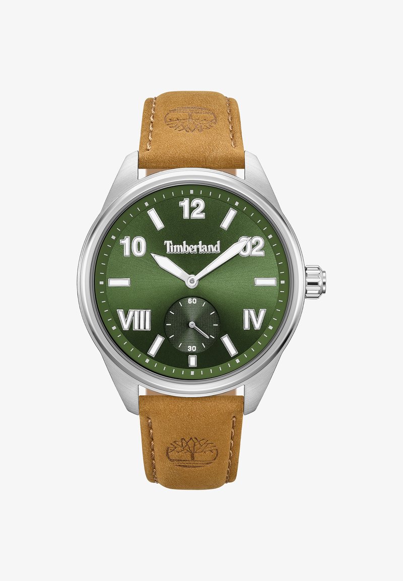 Timberland pulksteņi ar apaļu nerūsējošā tērauda korpusu, zaļu teksturētu ciparnīcu, baltām stundu marķieriem un brūnu ādas siksniņu ar logo.