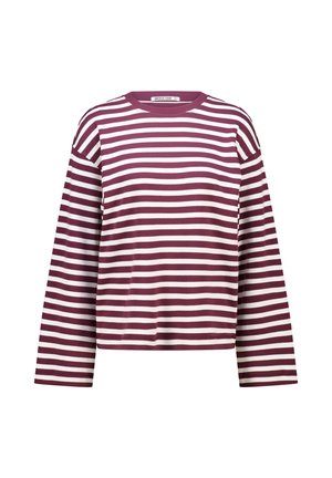 Maroon and white striped long-sleeve shirt with a crew neckline. Made from soft fabric, features an oversized fit and straight hem.