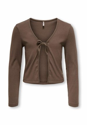 Cardigan maro scurt cu mâneci lungi, textură reiată, partea din față deschisă și închidere cu fundă legată la piept.