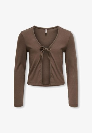 Cardigan maro scurt cu mâneci lungi, textură reiată, partea din față deschisă și închidere cu fundă legată la piept.