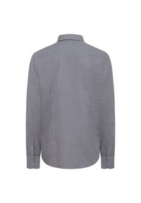 Herre langærmet skjorte i marineblå og hvid ternet mønster, med knapmanchetter, klassisk krave og buet kant. Blød bomuldsblanding.