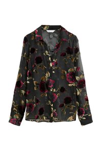 Durchsichtige schwarze Bluse mit langen Ärmeln, die ein florales Muster in Burgunderrot und Gold aufweist, sowie einen spitzen Kragen mit Knopfverschluss.
