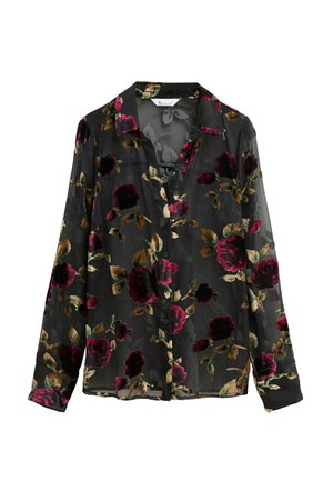 Sheer black blouse with long sleeves, featuring a floral pattern in burgundy and gold, and a pointed collar with button closure.