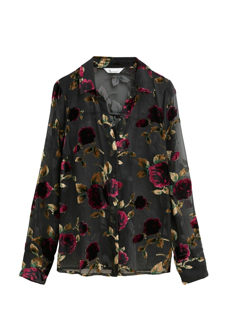 Durchsichtige schwarze Bluse mit langen Ärmeln, die ein florales Muster in Burgunderrot und Gold aufweist, sowie einen spitzen Kragen mit Knopfverschluss.