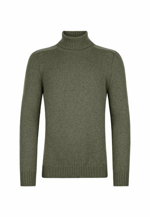 Olivgrön polotröja i mjukt stickat material. Har ribbade manschetter och fåll, med en bekväm passform och sömlösa axlar.