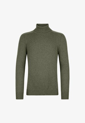 Olivgrüner Rollkragenpullover aus weichem Strickmaterial. Mit gerippten Bündchen und Saum, bietet er eine bequeme Passform und nahtlose Schultern.