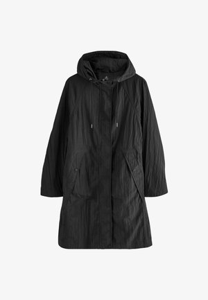 Juodas, kelio ilgio švarkas su gobtuvu. Pagamintas iš tekstūruotos medžiagos, turi priekines kišenes, raištelių užtrauktuką ir laisvą dizainą.