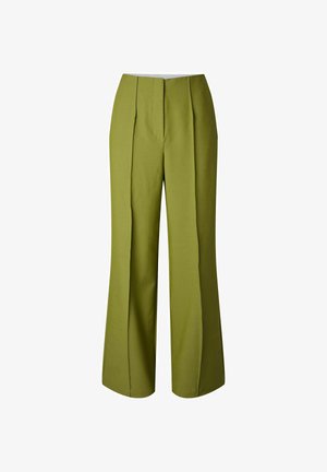Høytlivs tilpassede olivengrønne bukser med frontsømmer og vide, rette ben mot hvit bakgrunn.