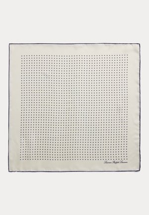 Τετράγωνο κρεμ φουλάρι με μικρές ναυτικές μπλε πουά και λεπτό ναυτικό μπλε περίγραμμα, με κείμενο "Lauren Ralph Lauren" στη γωνία.