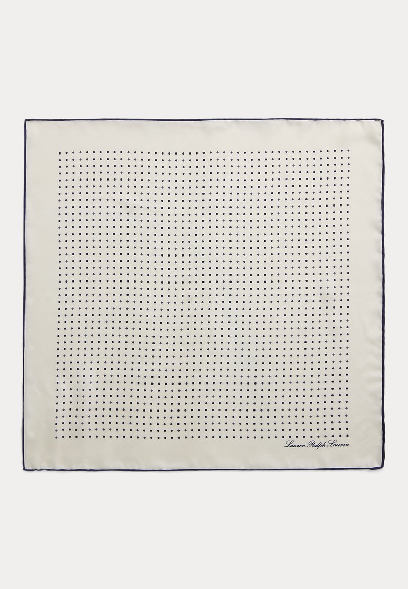 Cremefarbener quadratischer Schal mit kleinen marineblauen Polka-Dots und einem dünnen marineblauen Rand, mit "Lauren Ralph Lauren" Text in der Ecke.