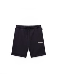 Black athletic shorts made of soft fabric, featuring an elastic waistband, drawstring, and a small logo on the front left side.