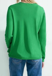 Maglione verde a maniche lunghe con scollatura rotonda e orlo a coste. Il tessuto appare liscio con una finitura leggermente strutturata. Indossato con jeans blu.