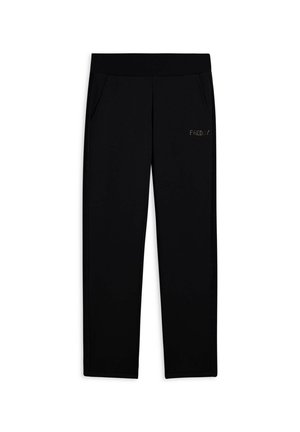 Pantaloni da jogging neri con una texture liscia, dotati di una cintura larga e due tasche laterali. Logo "Freddy" in caratteri piccoli vicino all'anca.