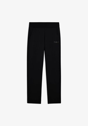 Pantalones jogger negros con una textura suave, que presentan una cinturilla ancha y dos bolsillos laterales. Logo de "Freddy" en una fuente pequeña cerca de la cadera.