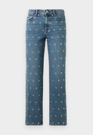 Blå denimjeans med rett ben, med sølvfargede maljer jevnt fordelt over stoffet. Klassisk fem-lommers design.