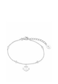 Bracciale in argento con pendente ad ancora e piccole perline tonde. Include un moschettone e un'etichetta con il nome del marchio.
