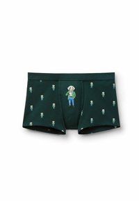 Herrarnas boxer shorts i mörkgrön bomull med ett upprepat mönster av tecknade karaktärer och en framträdande hund i grön jacka.