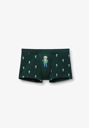 Männer Boxershorts aus dunkelgrüner Baumwolle mit einem wiederholten Muster von Comicfiguren und einem auffälligen Hund in einer grünen Jacke.