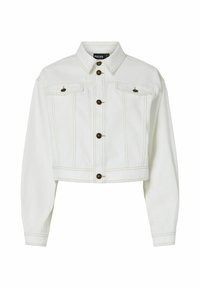 Klippt vit jeansjacka med långa ärmar, knäppning framtill, två bröstfickor och kontrasterande sömmar. Har en klassisk krage design.