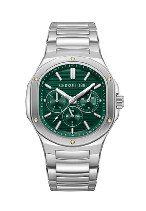 Orologio da polso in metallo argentato con quadrante verde, tre quadranti secondari per giorno, data e orario 24 ore, con il marchio "Cerruti 1881".