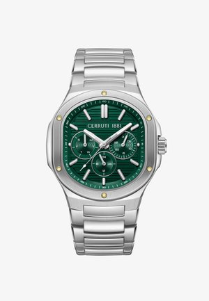 Zilverkleurig metalen polshorloge met groene wijzerplaat, drie subdials voor dag, datum en 24-uurs tijd, en het merk "Cerruti 1881".