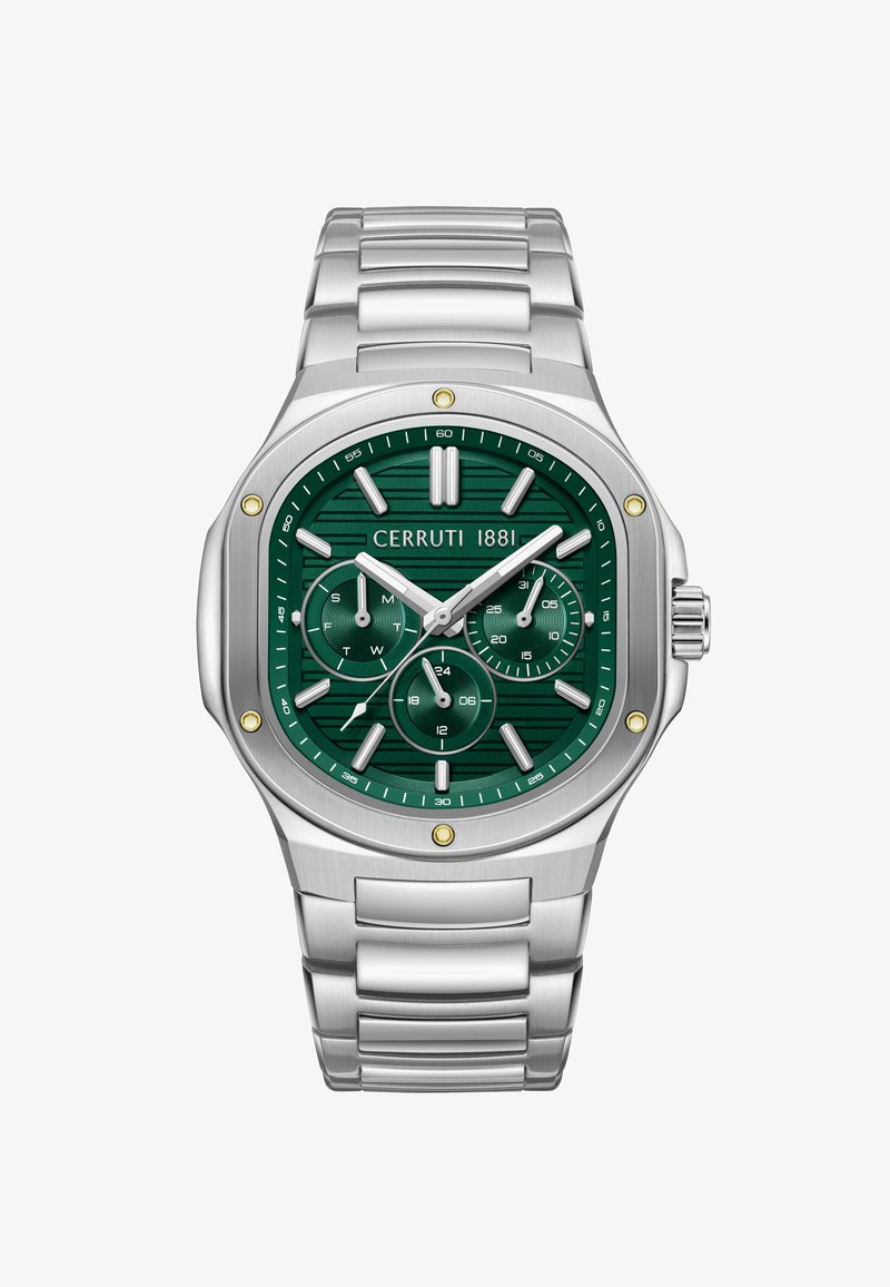 Montre-bracelet en métal argenté avec cadran vert, trois sous-cadrans indiquant le jour, la date et l'heure sur 24 heures, et la marque "Cerruti 1881".