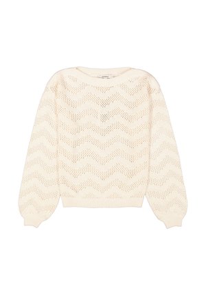 Crème gebreide trui met een zigzagpatroon, ronde halslijn, lange mouwen en geribbelde manchetten en zoom. Lichtgewicht, opengeweven textuur.
