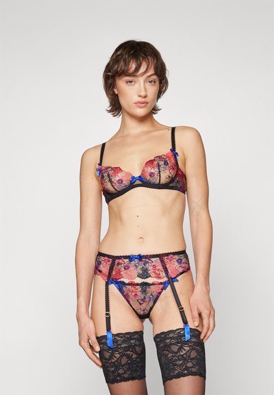 Lace lingerie set featuring red and blue floral patterns, sheer material, black accents, and adjustable straps with bows. Includes thigh-high stockings.