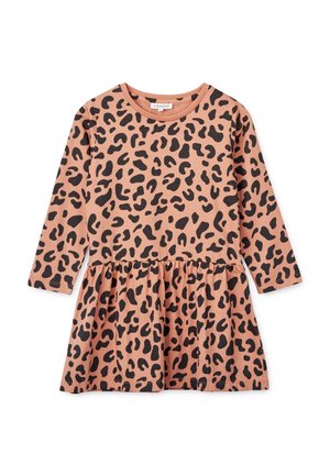 Jurk met lange mouwen van zachte, roze stof met zwarte luipaardprint, voorzien van een geplooide taille en een uitlopende rok.