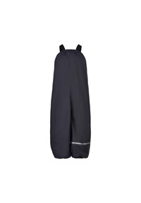 Marineblå, vannavstøtende arbeidsbukser med myk tekstur, justerbare svarte stropper, og en reflekterende stripe nær bunnen. Designet for holdbarhet og komfort.