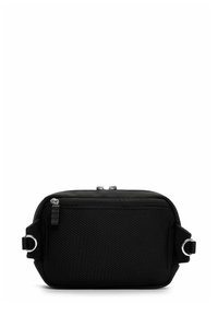 Black crossbody bag featuring a textured mesh panel, smooth surface, dual zipper closure, and metal hardware accents on the sides.