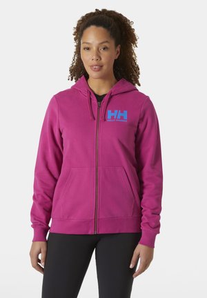 Fuchsia zip-up hoodie met voorzakken en een blauw "HH" logo. Zachte stof, relaxte pasvorm en een capuchon met trekkoord.