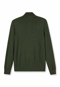 Dark green knit sweater featuring a ribbed collar, long sleeves, and a smooth texture. No visible patterns or accents.