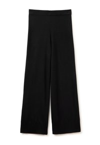 Černé kalhoty s širokými nohavicemi, ribbovaným pasem a texturovanými manžetami, vyrobené z měkkého a pružného materiálu. Žádné viditelné vzory ani kovový materiál.