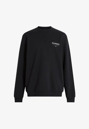 Zwarte crewneck sweatshirt van een katoenmix, met een witte "ALLSAINTS" logo op de linkerborst en geribbelde boorden en onderrand.