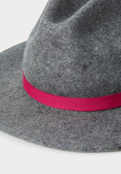 Gray felt hat with a wide, pink satin ribbon around the crown. The brim is flat and slightly wider, featuring a textured material.