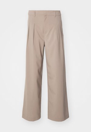 Beige Weitbeinhosen mit Falten, aus glattem Stoff gefertigt. Verfügt über eine mittelhohe Taille und eine klare, maßgeschneiderte Silhouette.