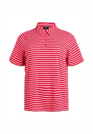 Polo-shirt à rayures rouges et blanches avec col, trois boutons, manches courtes et texture côtelée. Fabriqué en tissu respirant.