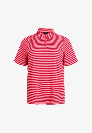 Punainen ja valkoinen raidallinen polo-paita, jossa on kaulus, kolme nappia, lyhyet hihat ja ribbieritys. Valmistettu hengittävästä kankaasta.