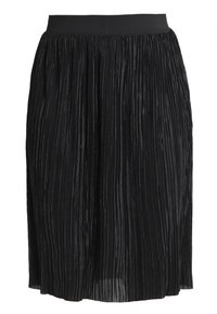 Svart plisserad kjol med elastisk midja, med vertikala veck och en flödande design som hänger ned till mitt på vadbenet.