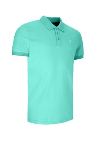 Türkises Poloshirt aus Baumwolle mit einer Knopfleiste aus drei Knöpfen, kurzen Ärmeln und einem gestickten Logo auf der linken Brust.