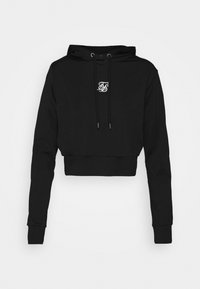 Mustasta pehmeästä kankaasta valmistettu lyhyt huppari, jossa pitkät hihat, etutasku, kiristysnyörillinen huppu ja valkoinen logo rinnassa.